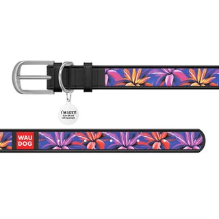 Ошейник WAUDOG Design с рисунком "Фиолетовые листья", премиум кожа, металлическая пряжка (ширина 12 мм, длина 19-25 см), черный