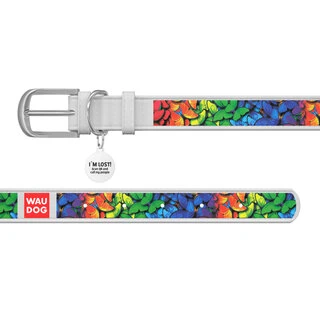 Ошейник WAUDOG Design с рисунком "Радужные бабочки", премиум кожа, металлическая пряжка (ширина 15 мм, длина 27-36 см), белый