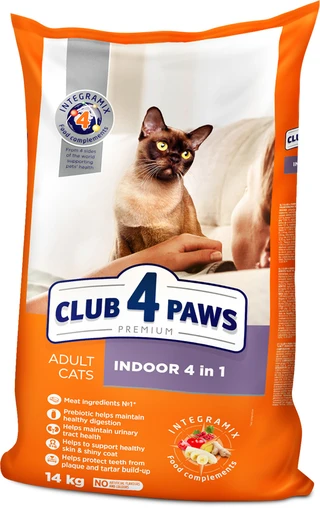 Сухий корм для дорослих котів Club 4 Paws (Клуб 4 Лапи) Преміум. Для котів, що живуть в приміщенні 4 в 1 14 кг