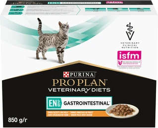 Упаковка вологого дієтичного корму для кошенят і дорослих котів Purina Pro Plan Veterinary Diets EN Gastrointestinal при захворюваннях шлунково-кишкового тракту з куркою 10 x 85 г
