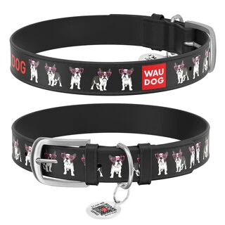 Ошейник WAUDOG Design с рисунком "Хипстер", премиум кожа, металлическая пряжка (ширина 25 мм, длина 38-49 см), черный