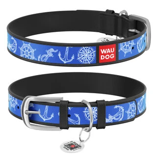 Нашийник WAUDOG Design з малюнком &quot;Морська фантазія&quot;, преміум шкіра, металевий пряжка (ширина 35 мм, довжина 46-60 см), чорний