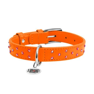 Ошейник для собак кожаный WAUDOG Glamour с QR паспортом, с клеевыми стразами, Ш 25 мм, Дл 38-49 см, оранжевый