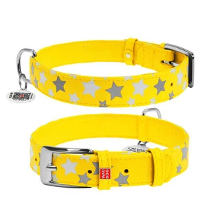 Нашийник для собак шкіряний WAUDOG Glamour з QR паспортом, візерунок "Зірочка", світловий/світловідбиваючий, Ш 25 мм, Дл 38-49 см, жовтий