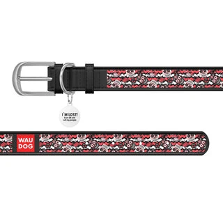 Ошейник WAUDOG Design с рисунком "Сахарные черепа", премиум кожа, металлическая пряжка (ширина 35 мм, длина 46-60 см), черный