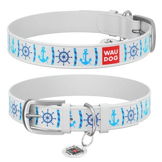 Ошейник WAUDOG Design с рисунком &quot;Якоря&quot;, премиум кожа, металлическая пряжка (ширина 25 мм, длина 38-49 см), белый