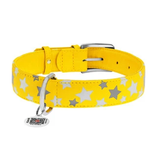 Нашийник для собак шкіряний WAUDOG Glamour з QR паспортом, візерунок "Зірочка", що світиться/світловідбиваючий, Ш 35 мм, Дл 46-60 см, жовтий