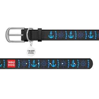 Ошейник WAUDOG Design с рисунком "Якоря", премиум кожа, металлическая пряжка (ширина 35 мм, длина 46-60 см), черный