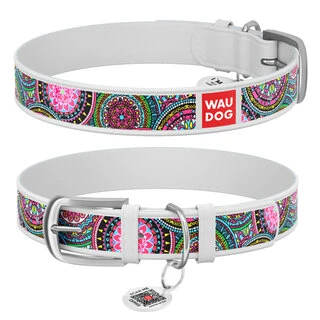 Нашийник WAUDOG Design з малюнком &quot;Мандали&quot;, преміум шкіра, металевий пряжка (ширина 12 мм, довжина 19-25 см), білий