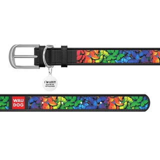 Нашийник WAUDOG Design з малюнком "Райдужні метелики", преміум шкіра, металевий пряжка (ширина 35 мм, довжина 46-60 см), чорний