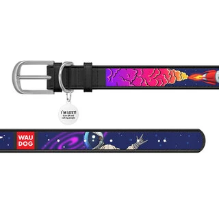 Ошейник для собак кожаный WAUDOG Design с QR паспортом, рисунок "Космос. Ракета", XS, Ш 12 мм, Дл 19-25 см, черный