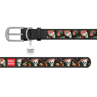 Ошейник WAUDOG Design с рисунком "Черепа", премиум кожа, металлическая пряжка (ширина 15 мм, длина 27-36 см), черный