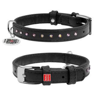 Нашийник для собак шкіряний WAUDOG Glamour з QR паспортом, з клейовими стразами, Ш 15 мм, Дл 27-36 см, чорний