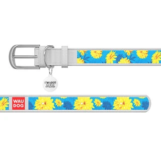 Ошейник WAUDOG Design с рисунком "Цветы на голубом", премиум кожа, металлическая пряжка (ширина 15 мм, длина 27-36 см), белый