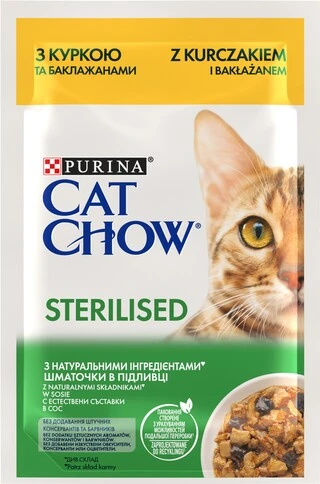 Упаковка влажного корма для взрослых стерилизованих кошек Purina Cat Chow Sterilised с курицей и баклажанами 85 г х 26 шт