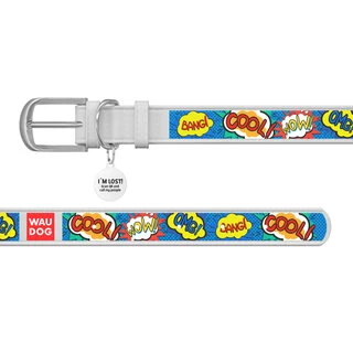 Ошейник WAUDOG Design с рисунком "ВАУ", премиум кожа, металлическая пряжка (ширина 15 мм, длина 27-36 см), белый