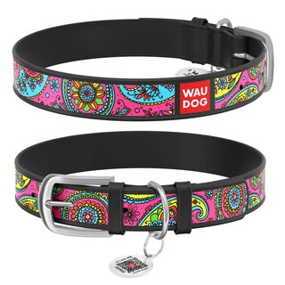 Ошейник WAUDOG Design с рисунком &quot;Пейсли&quot;, премиум кожа, металлическая пряжка (ширина 15 мм, длина 27-36 см), черный