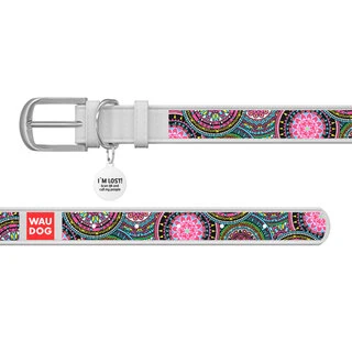 Ошейник WAUDOG Design с рисунком "Мандалы", премиум кожа, металлическая пряжка (ширина 12 мм, длина 21-29 см), белый