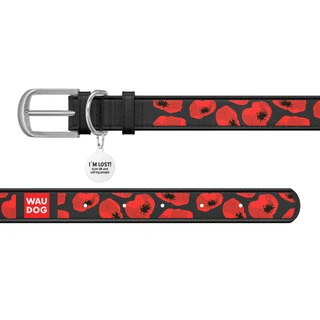 Нашийник WAUDOG Design з малюнком "Макі", преміум шкіра, металевий пряжка (ширина 20 мм, довжина 30-39 см), чорний