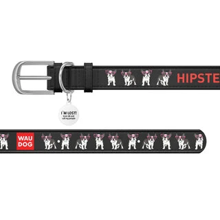 Нашийник WAUDOG Design з малюнком "Хіпстер", преміум шкіра, металевий пряжка (ширина 20 мм, довжина 30-39 см), чорний