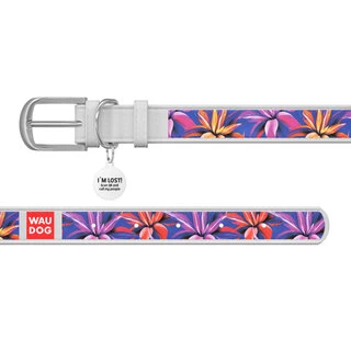 Ошейник WAUDOG Design с рисунком "Фиолетовые листья", премиум кожа, металлическая пряжка (ширина 15 мм, длина 27-36 см), белый