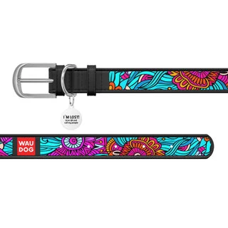 Нашийник для собак шкіряний WAUDOG Design з QR паспортом, малюнок "Літо", Ш 20 мм, Дл 30-39 см, чорний