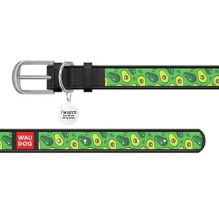 Ошейник WAUDOG Design с рисунком "Авокадо", премиум кожа, металлическая пряжка (ширина 25 мм, длина 38-49 см), черный