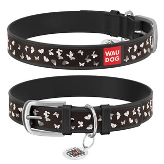 Ошейник WAUDOG Design с рисунком &quot;Бабочки&quot;, премиум кожа, металлическая пряжка (ширина 15 мм, длина 27-36 см), черный