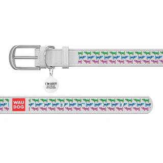 Нашийник WAUDOG Design з малюнком "Парад собачок", преміум шкіра, металевий пряжка (ширина 25 мм, довжина 38-49 см), білий