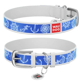Нашийник WAUDOG Design з малюнком &quot;Морська фантазія&quot;, преміум шкіра, металевий пряжка (ширина 35 мм, довжина 46-60 см), білий