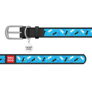 Нашийник WAUDOG Design з малюнком "Ігриві собачки", преміум шкіра, металевий пряжка (ширина 25 мм, довжина 38-49 см), чорний
