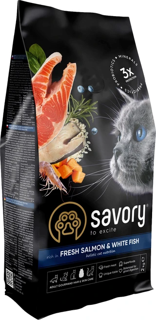 Сухий корм для довгошерстих котів Savory зі свіжим лососем та білою рибою 2 кг
