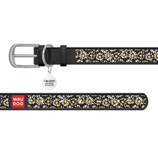 Ошейник WAUDOG Design с рисунком "Ромашки", премиум кожа, металлическая пряжка (ширина 25 мм, длина 38-49 см), черный