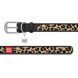 Ошейник WAUDOG Design с рисунком "Леопард", премиум кожа, металлическая пряжка (ширина 25 мм, длина 38-49 см), черный