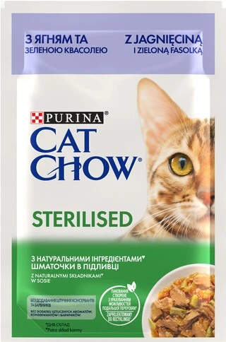 Упаковка вологого корму для дорослих стерилізованих котів Purina Cat Chow Sterilised з ягнятиною та зеленою квасолею 85 г х 26 шт