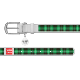 Ошейник WAUDOG Design с рисунком "Шотландка зеленая", премиум кожа, металлическая пряжка (ширина 12 мм, длина 19-25 см), белый