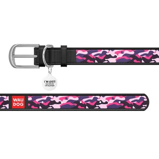 Ошейник WAUDOG Design с рисунком "Розовый камо", премиум кожа, металлическая пряжка (ширина 20 мм, длина 30-39 см), черный