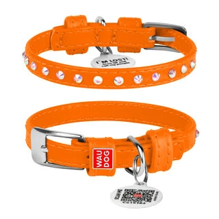 Нашийник для собак шкіряний WAUDOG Glamour з QR паспортом, з клейовими стразами, Ш 9 мм, Дл 19-25 см, оранжевий
