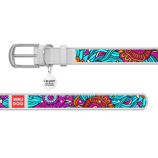 Нашийник для собак шкіряний WAUDOG Design з QR паспортом, малюнок "Літо", Ш 20 мм, Дл 30-39 см, білий