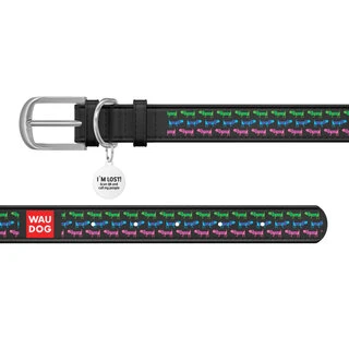 Нашийник WAUDOG Design з малюнком "Парад собачок", преміум шкіра, металевий пряжка (ширина 25 мм, довжина 38-49 см), чорний