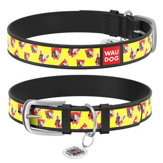 Ошейник WAUDOG Design с рисунком &quot;Француз&quot;, премиум кожа, металлическая пряжка (ширина 35 мм, длина 46-60 см), черный