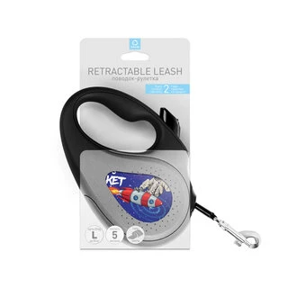 Поводок-рулетка для собак WAUDOG R-leash, малюнок &quot;Космос. Ракета&quot;, світловідбиваюча стрічка, L, до 50 кг, 5 м, чорний