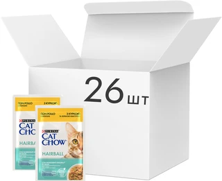 Упаковка вологого корму для котів Purina Cat Chow Hairball для зменшення утворення клубків шерсті в травному тракті з куркою та зеленою квасолею 85 г x 26 шт.