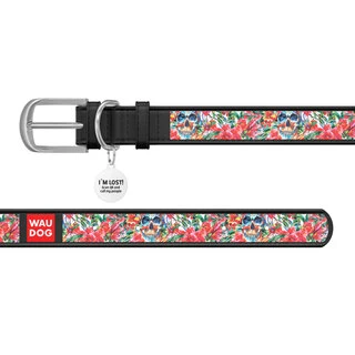 Нашийник WAUDOG Design з малюнком "Черепи у квітах", преміум шкіра, металевий пряжка (ширина 20 мм, довжина 30-39 см), чорний