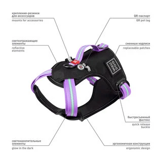 Безпечна шлея для собак WAUDOG Nylon з QR паспортом, металевою пряжкою-фастексом, S, Ш 20 мм, А 35-60 см, В 55-65 см, фіолетова