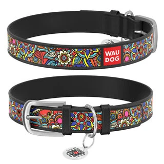 Ошейник WAUDOG Design с рисунком &quot;Фолк&quot;, премиум кожа, металлическая пряжка (ширина 25 мм, длина 38-49 см), черный