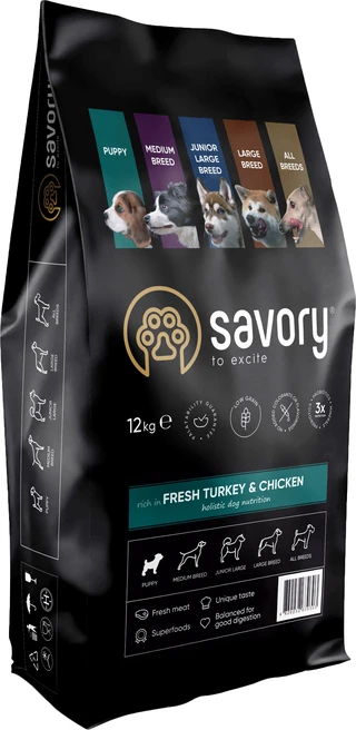Сухий корм для цуценят Savory зі свіжим м'ясом індички та курки 12 кг