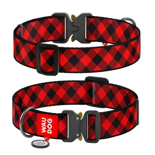Нашийник для собак нейлоновий WAUDOG Nylon з QR паспортом, малюнок "Шотландка червона", металева пряжка-фастекс, XXL, Ш 35 мм, Дл 43-70 см