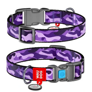 Ошейник для собак нейлоновый WAUDOG Nylon c QR паспортом, рисунок "Фиолетовый камо", пластиковый фастекс, Ш 25 мм, Дл 31-49 см
