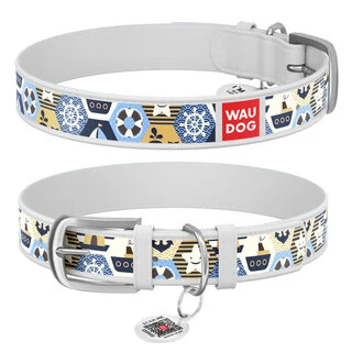 Ошейник WAUDOG Design с рисунком "Капитан", премиум кожа, металлическая пряжка (ширина 15 мм, длина 27-36 см), белый